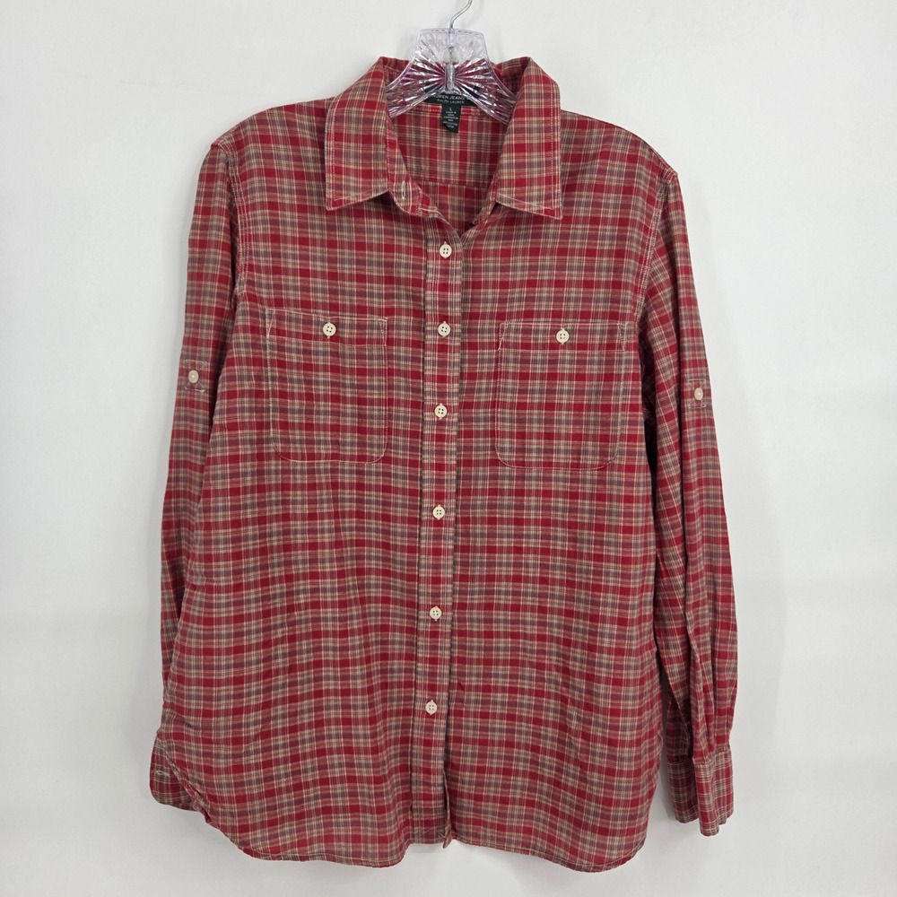 Lauren Jeans Co Ralph Lauren Button Down Shirt L Red Plaid Preppy Classic Rustic